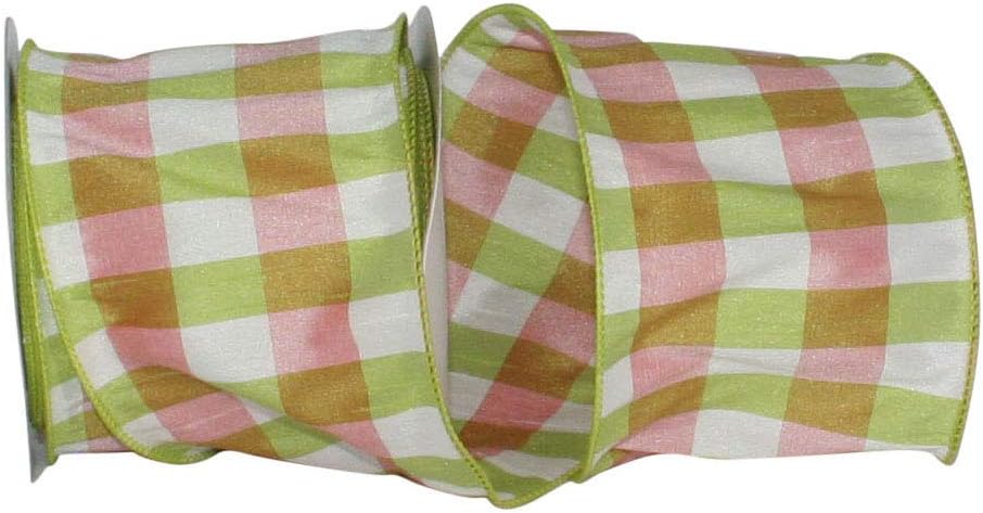 Reliant Ribbon Check Dupioni Colors Wired Edge Ribbon, 4 Inch X 10 Yards, Fuchsia/lime