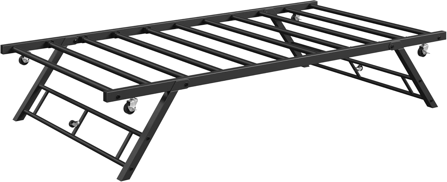 GarveeHome Stand Up Trundle Day Bed,Pop Up Trundle,Twin Trundle Bed Frame Only,Metal Slats Support with Lockable Casters, Black Trundle Only Black