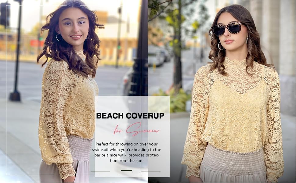 HOTOUCH Lace Tops for Women Sheer Long Sleeve Blouses Dressy Casual Shirt with Camisole 2 PCS Set S-XXL - Image 9