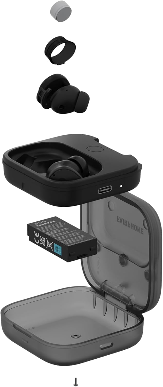 Fairphone Fairbuds True Wireless Earbuds with Active Noise Canceling, Ambient Mode, Titanium-Coated Drivers, 26H Battery, ENC Mics, Multipoint Bluetooth, iOS & Android App, Replaceable Parts, Black