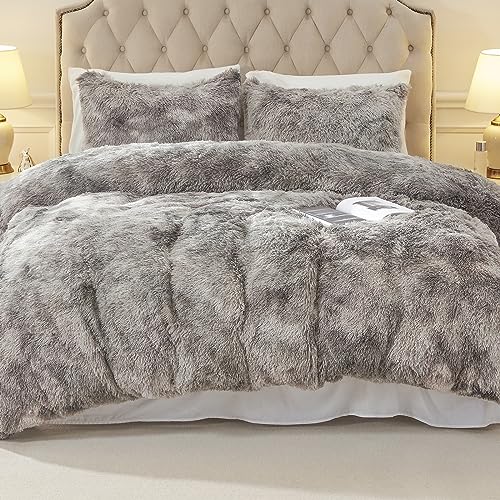 EMME Juego de Ropa de Cama de Peluche, para Cama de 200 x 200 cm, con 2 Fundas de Almohada de 80 x 80 cm, Suave y Esponjoso, en Color Gris Claro desteñido