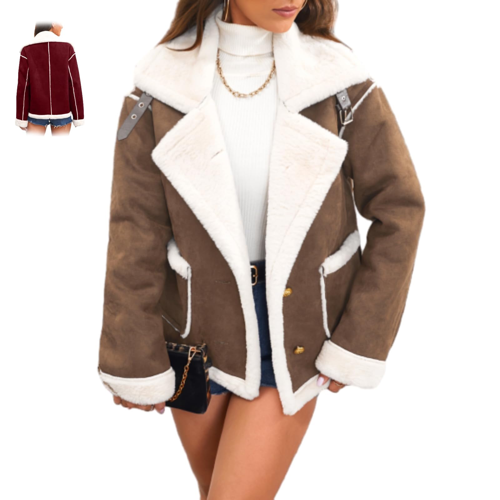 Windehao Women's Brown Cozy Lapel Plush Jacket – Warm Winter Casual Outerwear, Sherpa Lined Cropped Moto Jackets, Faux Suede Fur Lined Sherpa Coat (,S)