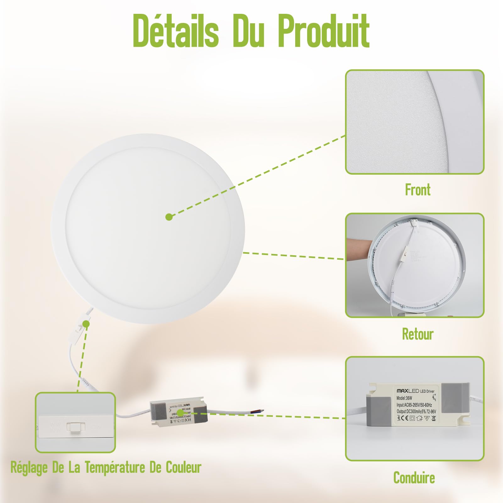 Plafonnier LED Plat Et Rond 36W Panneau Lumineux Ø400mm Lampe Salle Bain 2900LM 3CCT 3000K-6000K Blanc Chaud Neutre Froid Non Réglable 85V-265V Aluminium