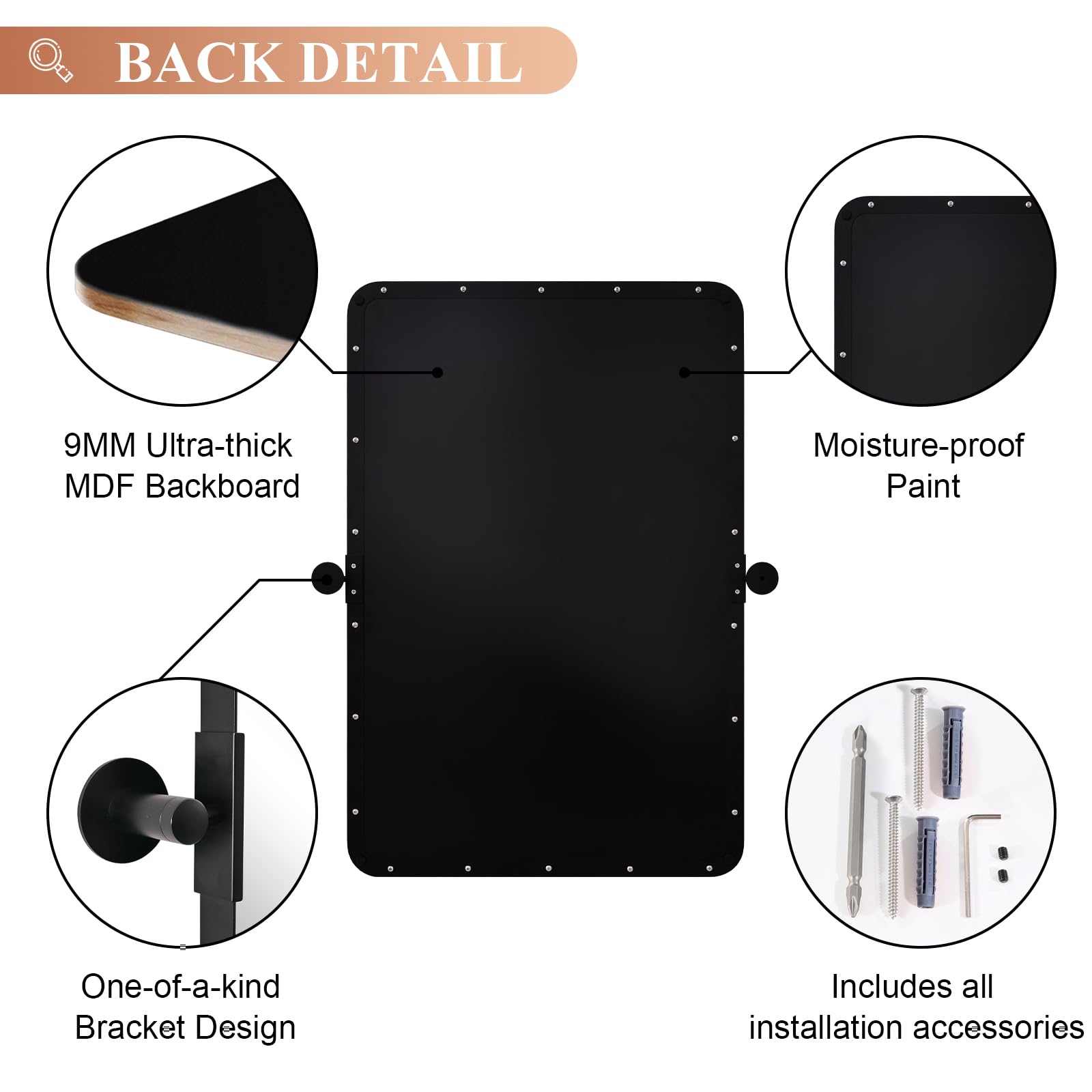 MOON MIRROR Specchio da bagno rettangolare girevole con cornice in metallo nero, 61 x 81,3 cm, inclinabile, arrotondato, da appendere alla parete, solo verticale