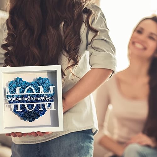 Miniatura 7 de SweetJECCU Caja de sombra de flores personalizada para mamá con nombre, marco de nombre personalizado en forma de corazón, marco de fotos de flores