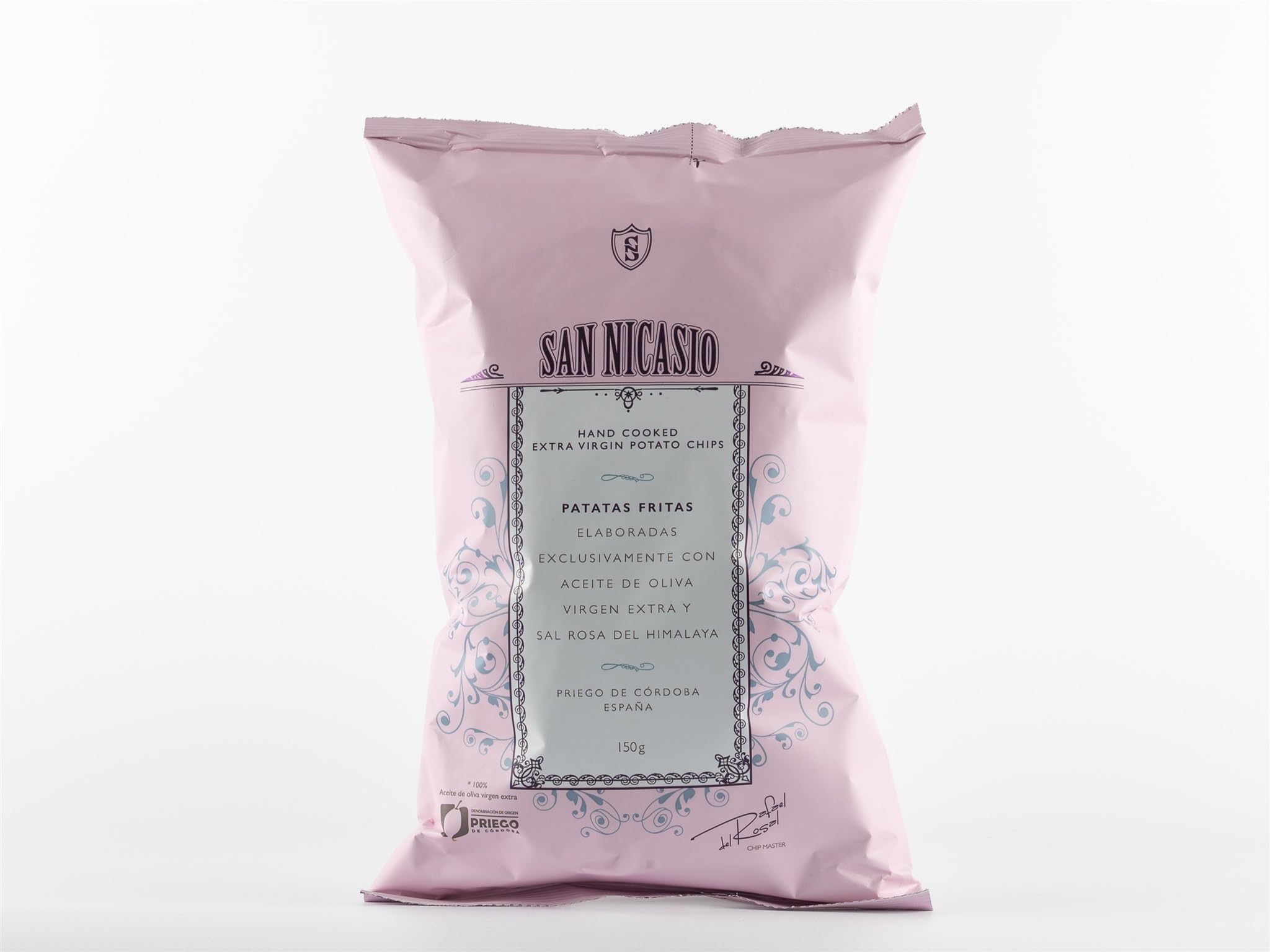 San Nicasio - Patatas fritas gourmet con sal rosa del Himalaya | Pack 14 bolsas de 150 g | Elaboradas con aceite de oliva virgen extra | Crujientes, naturales y de sabor Intenso | Snack premium