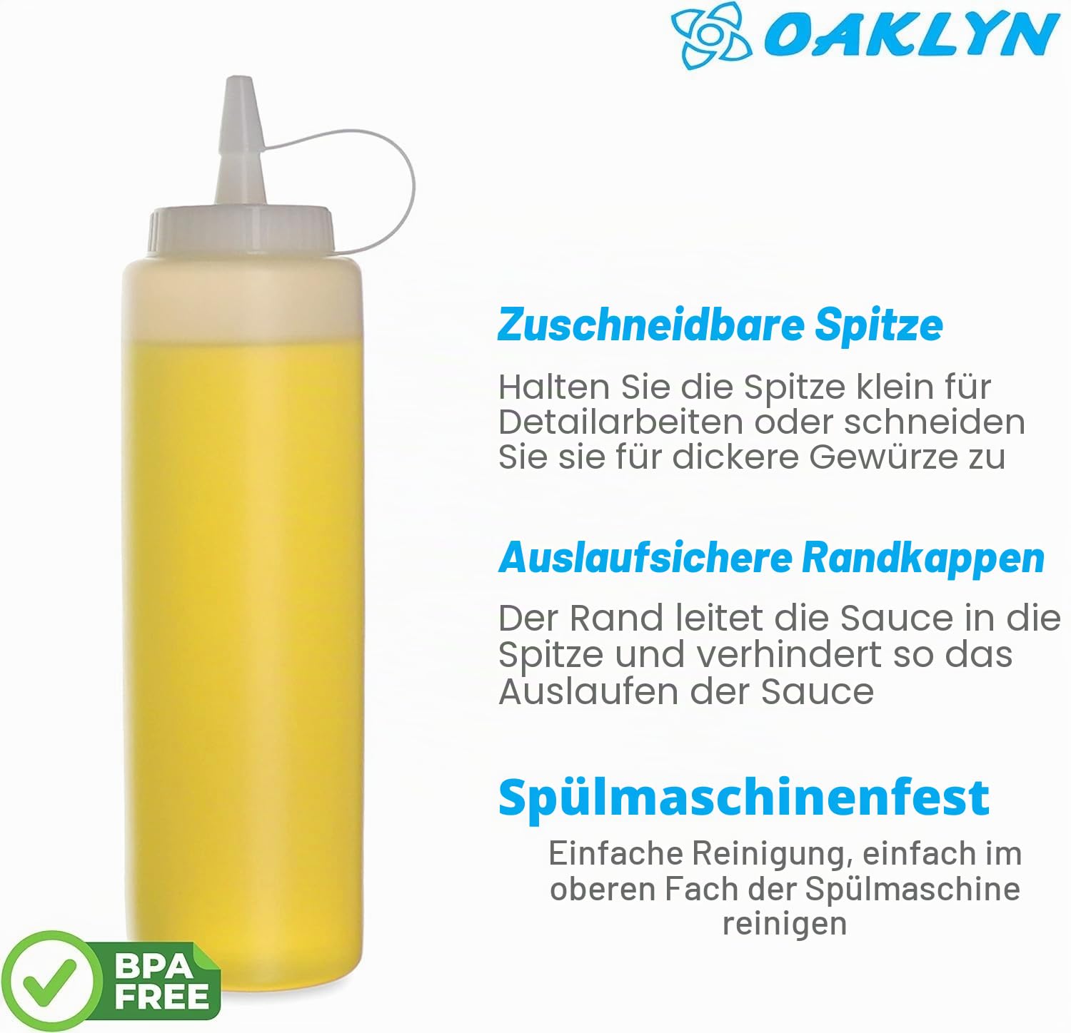 Oaklyn (Set of 3) 590ml Plastic Squeeze Bottles with Screw Caps - Perfect Dosing Bottles and Sauce Dispenser for Ketchup, Mayo, BBQ Sauce - BPA Free Clear Squeeze Bottles for Cooking (Empty)
