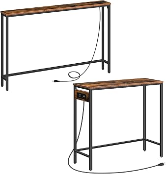 HOOBRO Skinny Console Table and 29.5" Narrow Console Table, Table with Charging Station, Narrow Sofa Table, Behind Couch Table, for Entryway, Hallway, Foyer, Rustic Brown BF15XG01G1-BF75UXG01