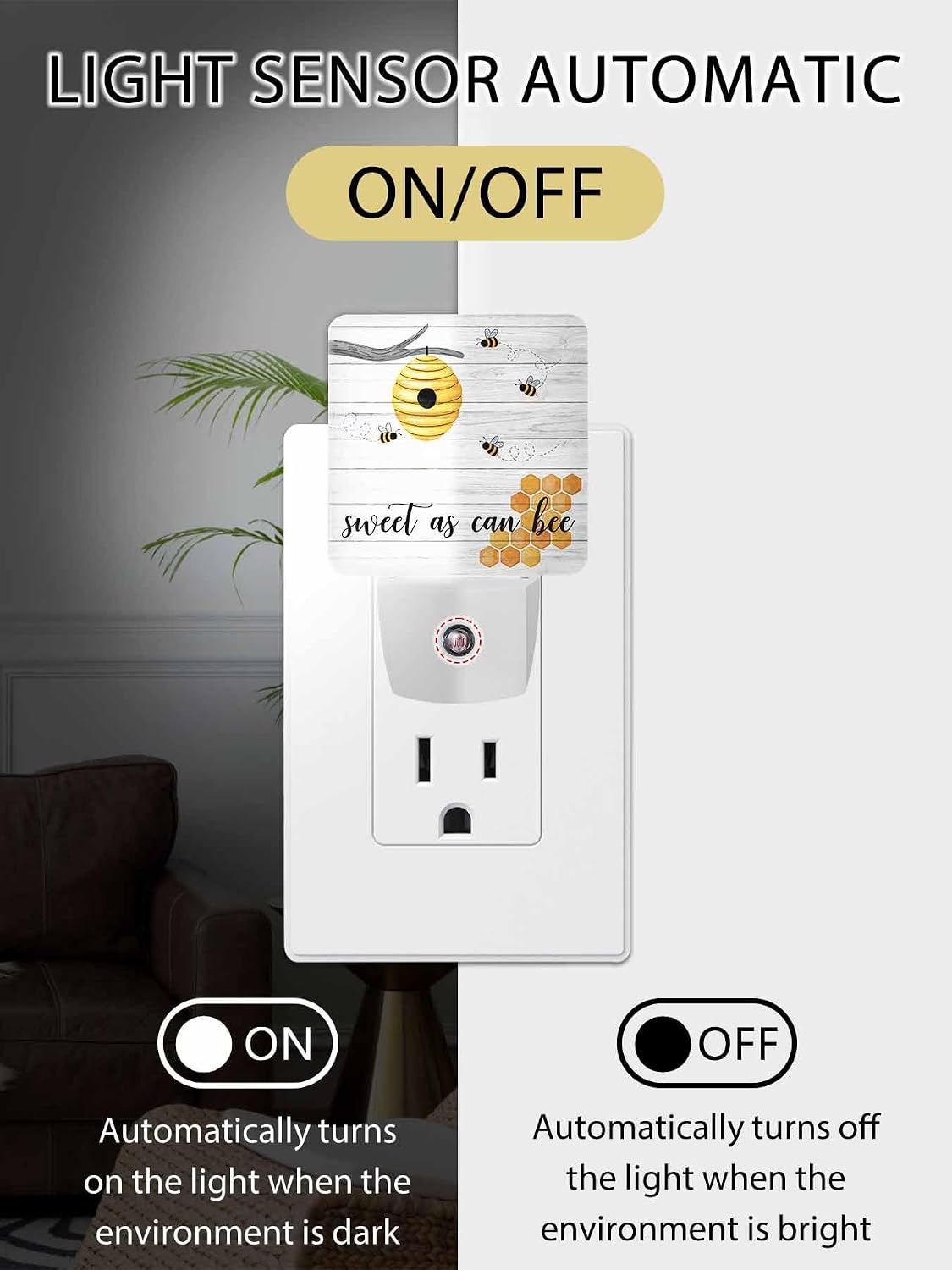 Night Light for Kids, Sweet As Can Bee Hive Wood Grain LED Night Light Plug into Wall with Light Sensors Dusk to Dawn, Nightlight for Children Girls Baby Room Nursery Stairs Hallway Decor