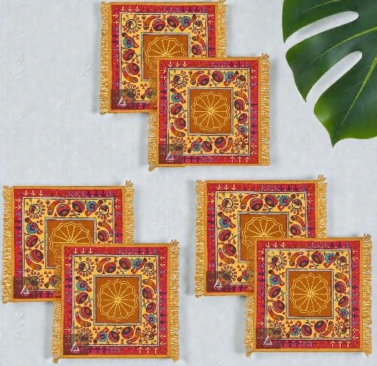 Soft Velvet Yellow Square Rangoli Design Pooja Asan Mat Set of 6 for Festive Worship-image-22