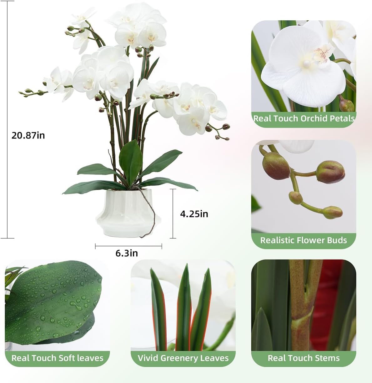 CXGS Artificial Orchid Flower Plant 20.9'' Real Touch Faux Orchids in Ceramic Vase White Fake Phalaenopsis Flower Arrangement Silk Orchids with Stems for Centerpiece Table Home Indoor Decor - Image 2