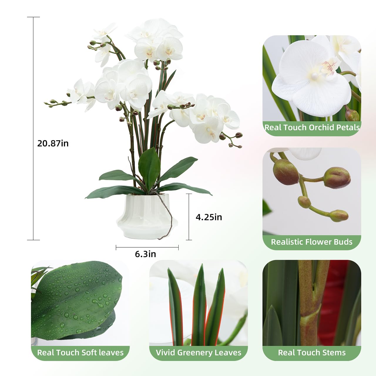 Pianta Artificiale Orchidea Phalaenopsis In Vaso Ceramica, Fiori Real Touch Per Decorazione Tavolo, Regalo