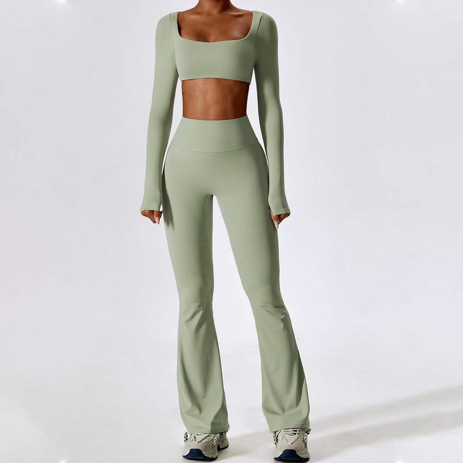 ABOCIW Workout Sets for Women 2 Piece Square Neck Long Sleeve Crop Tops High Waist Flared Leggings Gym Sets - Image 4