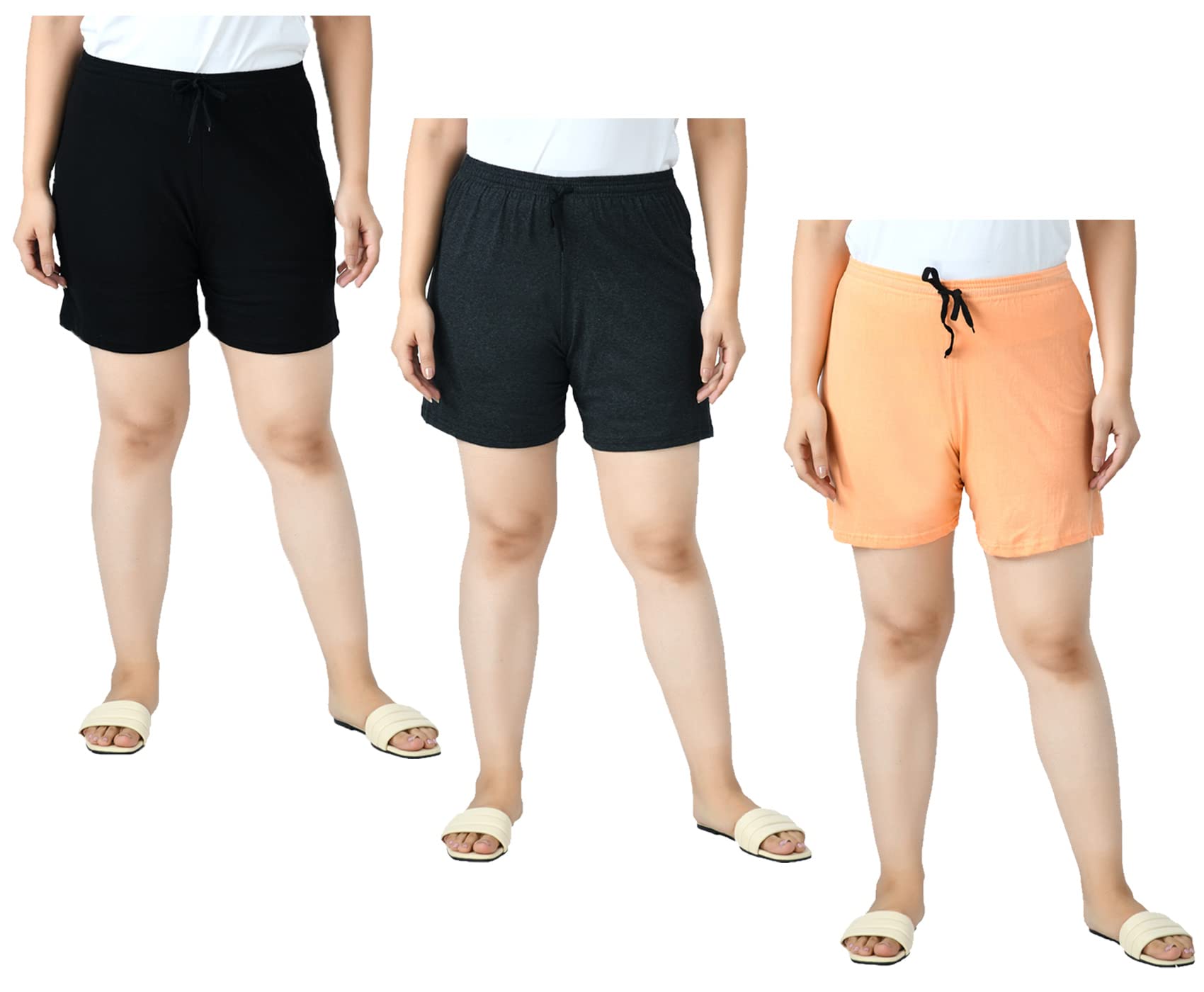 indi weaves Pack of 3 Women Cotton Plain Shorts with Drawstring Elastic Waist Comfortable Casual Lounge Shorts Breathable Fabric Summer Wear Sleepwear Shorts for Women-picture-35