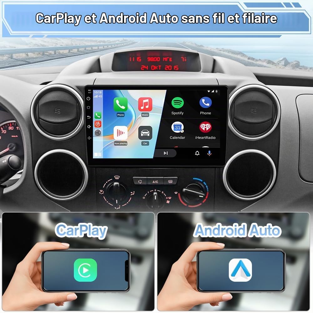 AWESAFE Autoradio Android 15 pour Citroën Berlingo/Peugeot Partner (2008-2019), Écran Tactile 9 Pouces 2Go+64Go, CarPlay & Android Auto, GPS WiFi Bluetooth USB DSP, SWC, Caméra de Recul Incluse