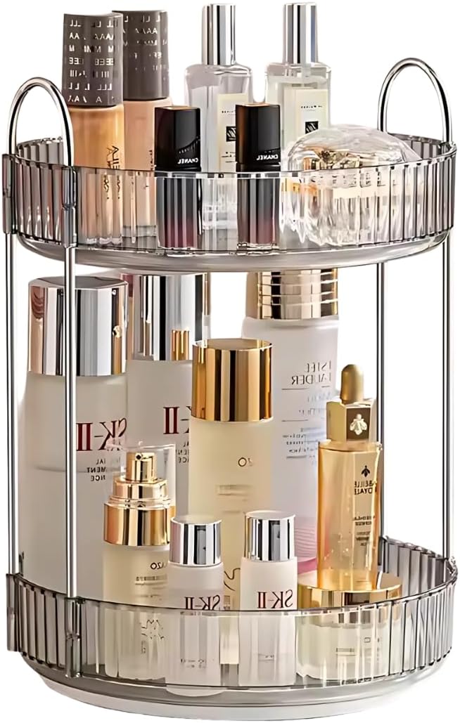 360° Rotating Makeup Organizer Box - Cosmetic Storage with Drawers, Plastic Makeup Holder Stand for Dressing Table, Lipsticks, Nail Polishes & Accessories (Light Gray, 2 Layer)