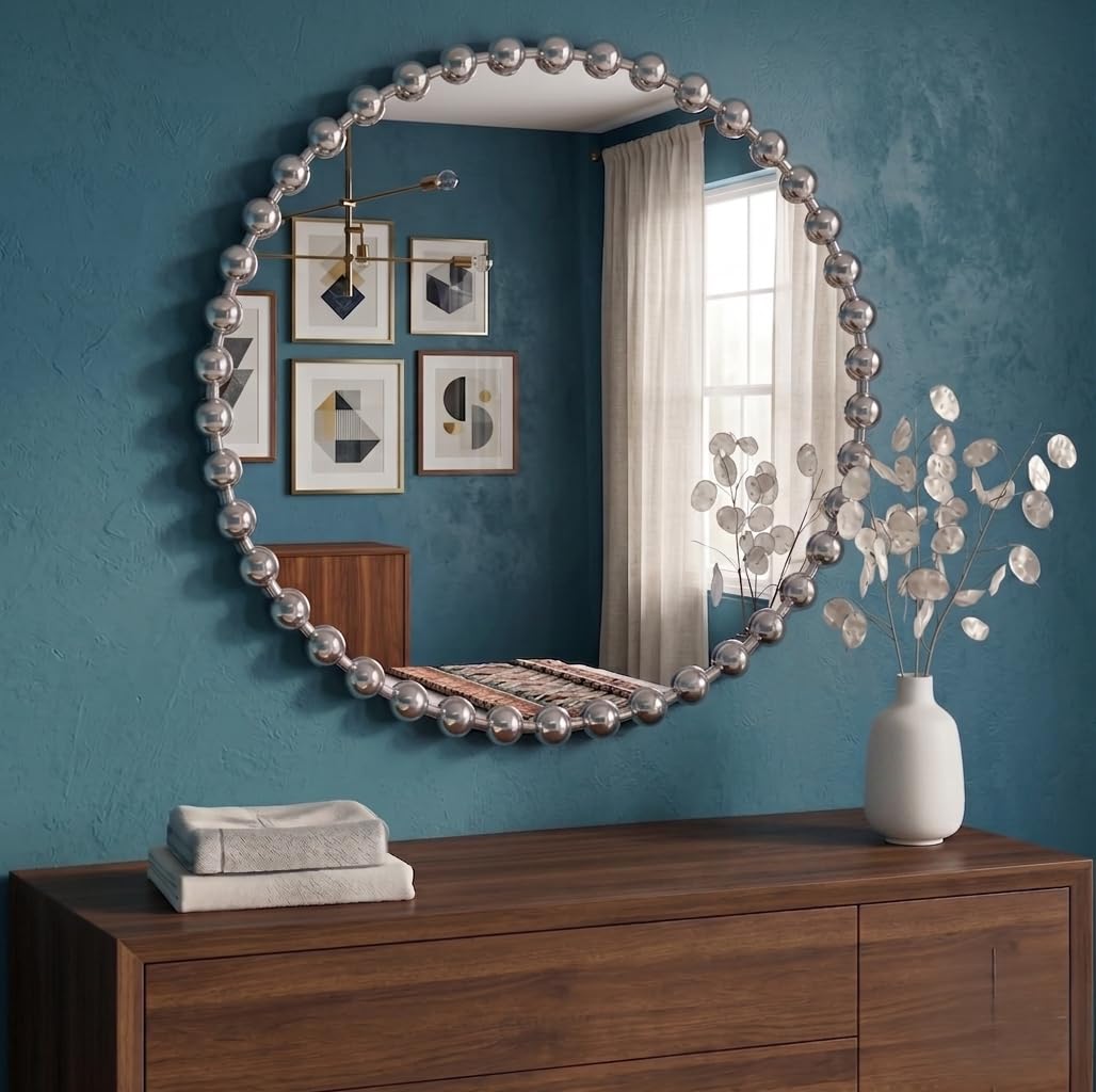 DEENZ Luxurious Round Wall Mounted Bold Space Mirror Circular Beaded Plastic Body Frame Contemporary Design Elegant Home Decoration Modern Idea Easy Hanging 60Cm Dia. (SILVER)