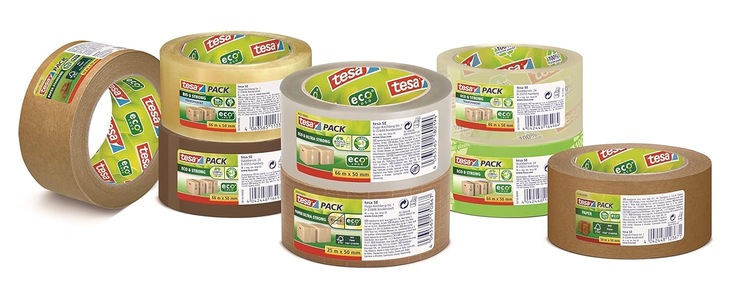 tesa Tesapack PAPER ULTRA STRONG ecoLogo - glasfaserverstärkt, mit extra starker Haftkraft - recyclingfreundliches Papier-Packband aus FSC-zertifizierten Rohstoffen - 25 m x 50 mm (10)