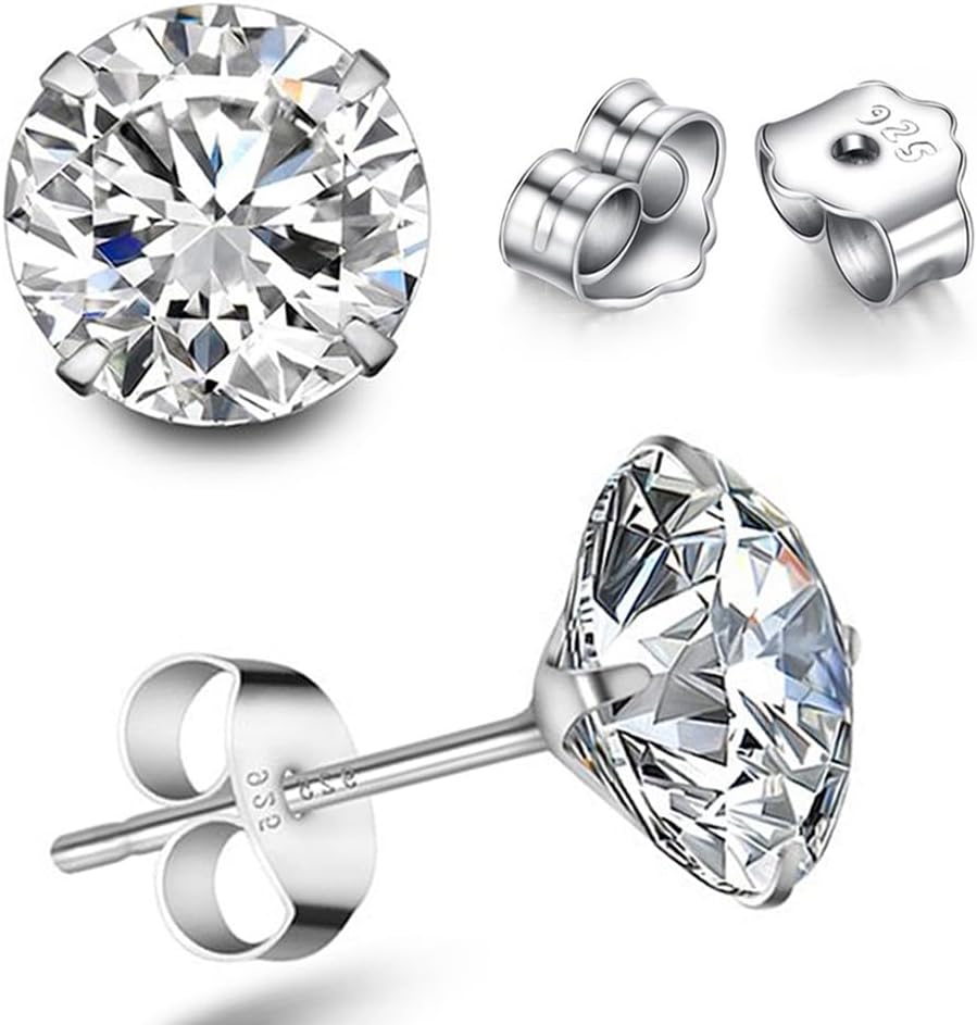 TTVOVO 925 Sterling Silver Stud Earrings Princess Cut Cubic Zirconia Sparkling Simulated CZ Diamond Earrings for Women Men Round 4 Prong Ear Studs Piercing Earrings Hypoallergenic Jewelry Gifts, 8MM
