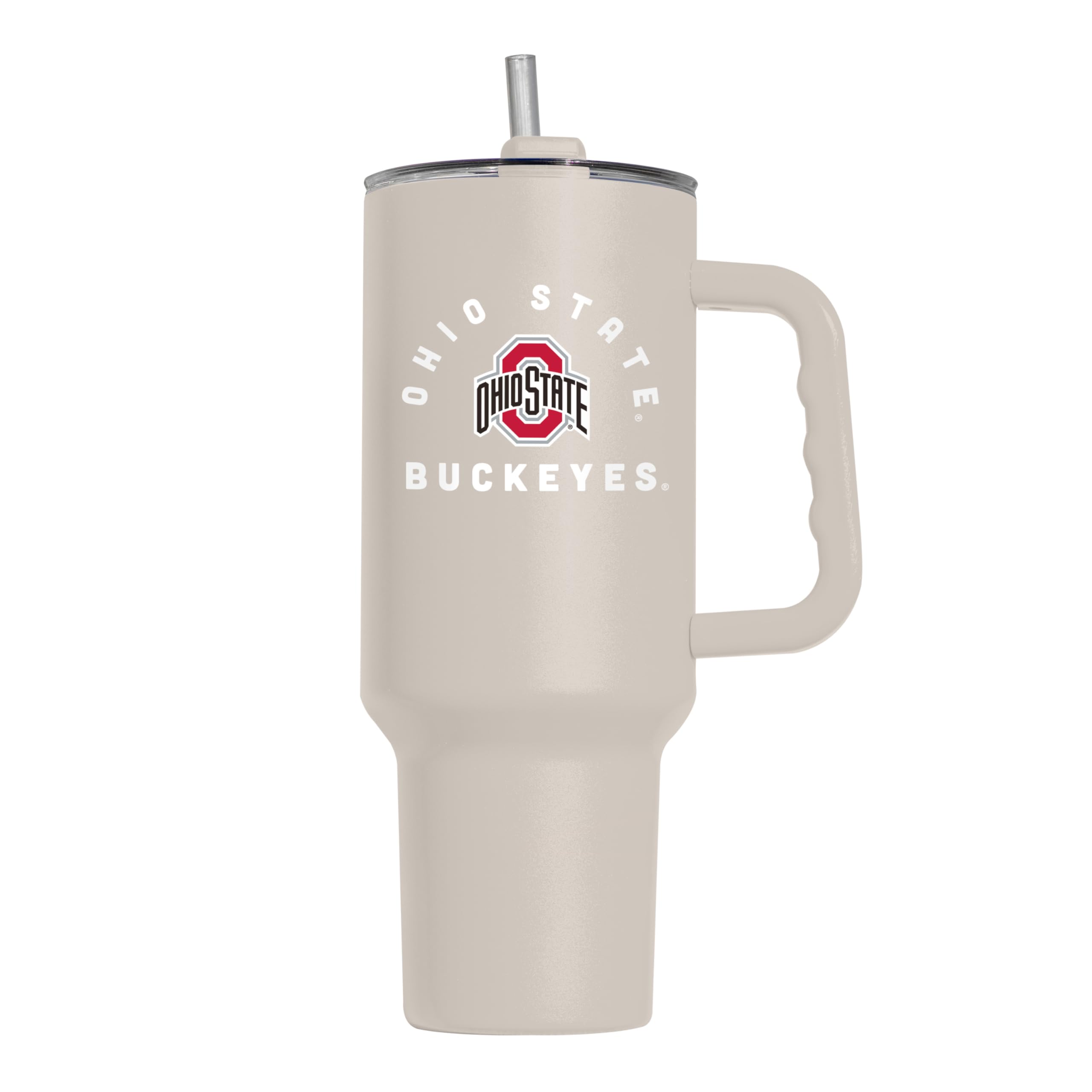Logo Brands NCAA Ohio State Buckeyes Sand 40 oz Tumbler with Handle - Stylish Everyday Use Powder Coated-Stainless Steel with Straw- Keeps Cold For Hours