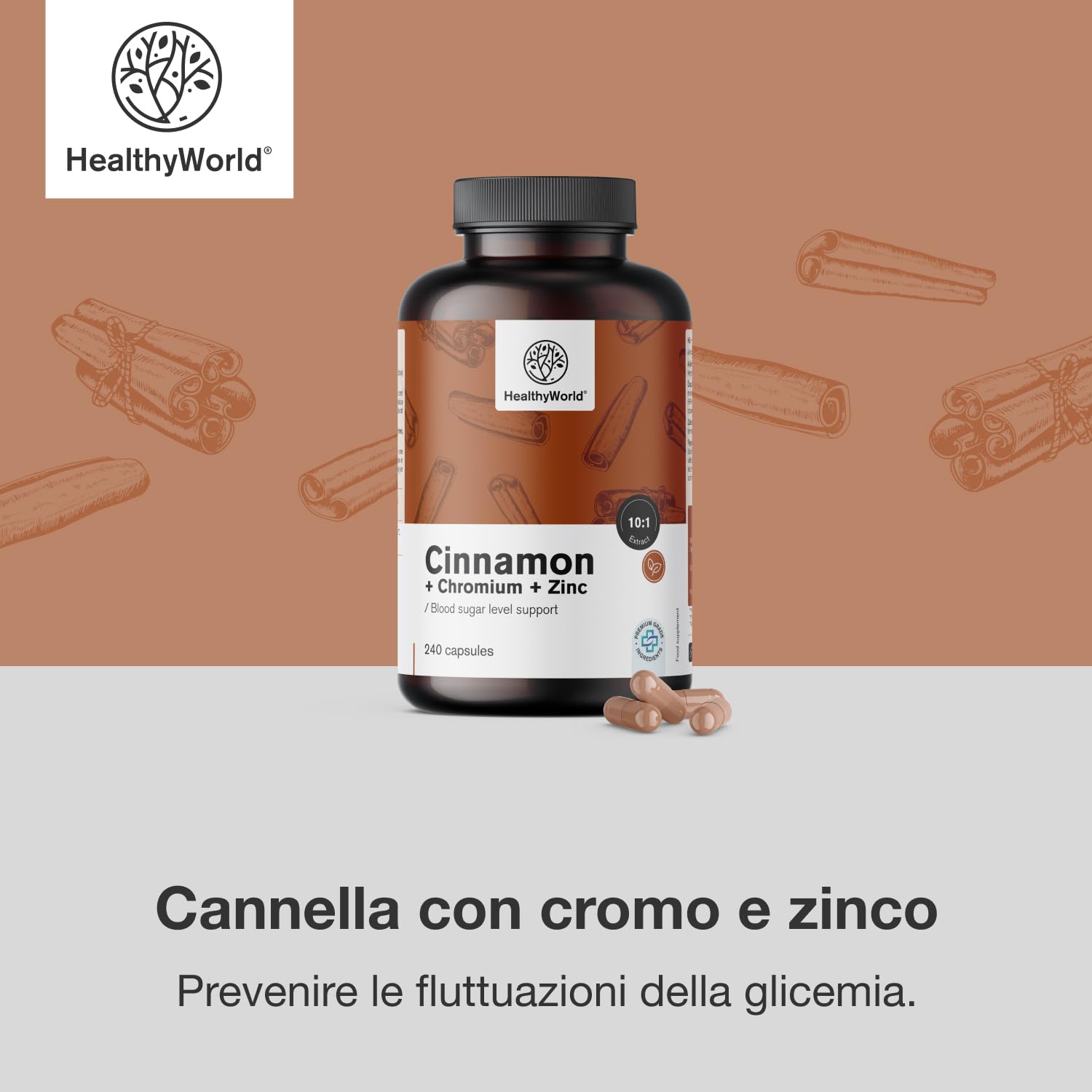 HealthyWorld® Cannella con Cromo e Zinco - 240 Capsule Vegetali - Vegetariano - Dose Elevata - Fornitura per 4 mesi - Qualità Premium - Tre Principi Attivi - Gestione degli Zuccheri nel Sangue