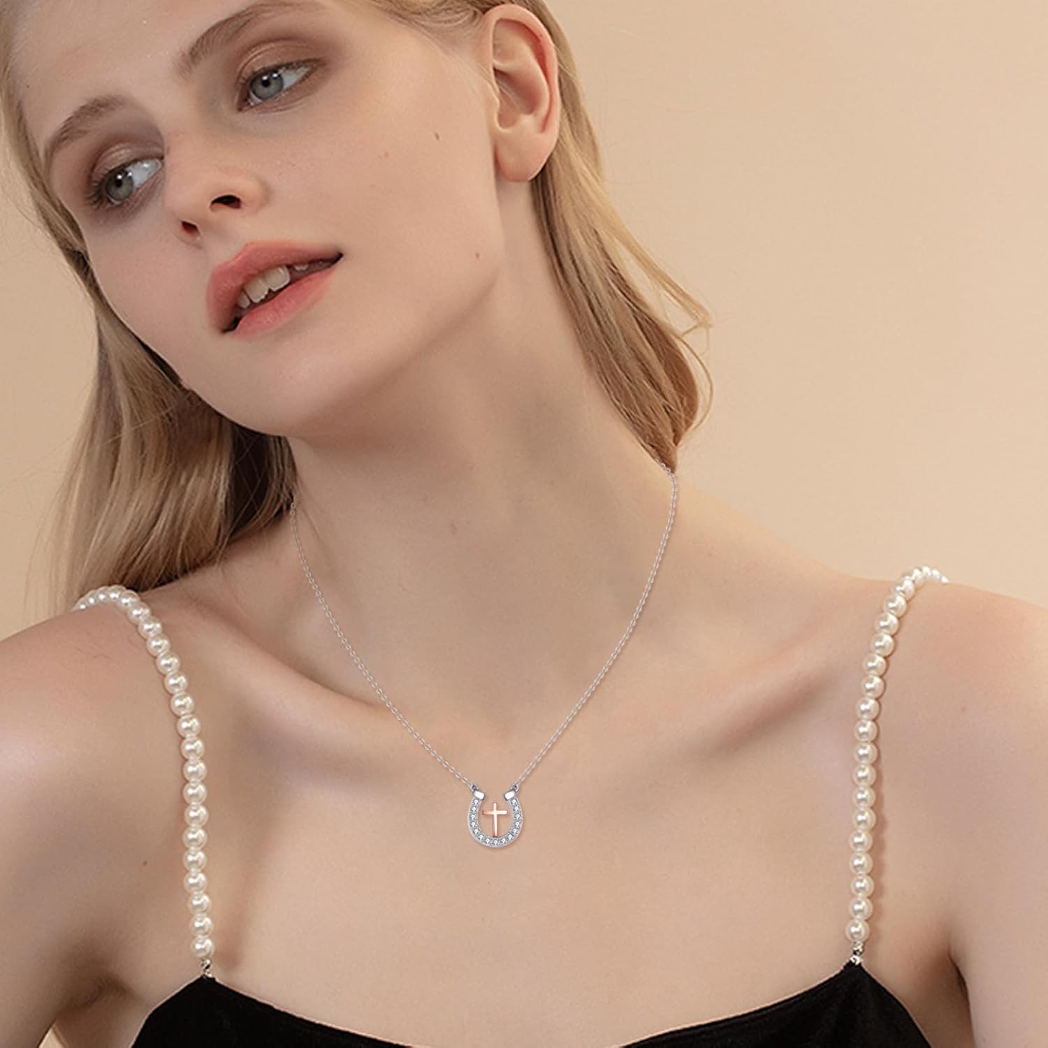 CRMAD Horseshoe Necklace for Women Sterling Silver Horse Cross Pandant Necklace Rose Gold Plated Jewelry Gifts (cross) - Image 6