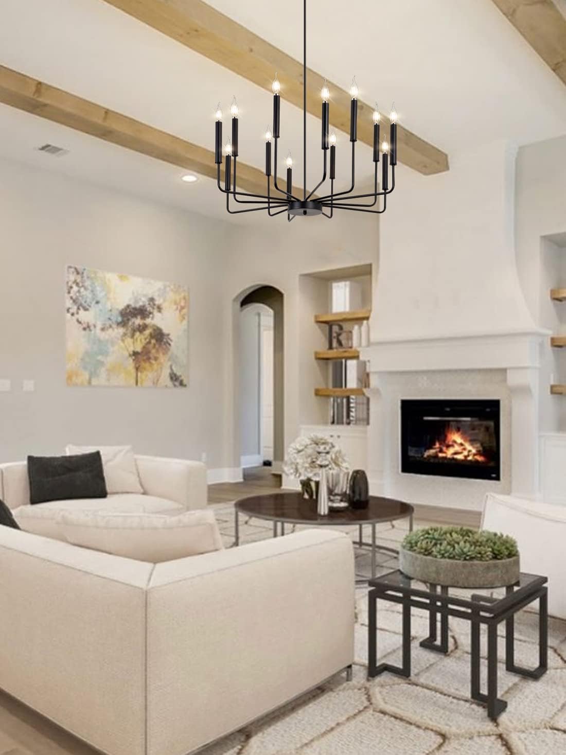 Modern Farmhouse Black Chandelier, 12-Light Rustic Candle Chandelier, Industrial Hanging Chandeliers for Dining Room, Living Room, Kitchen, Foyer, Entryway