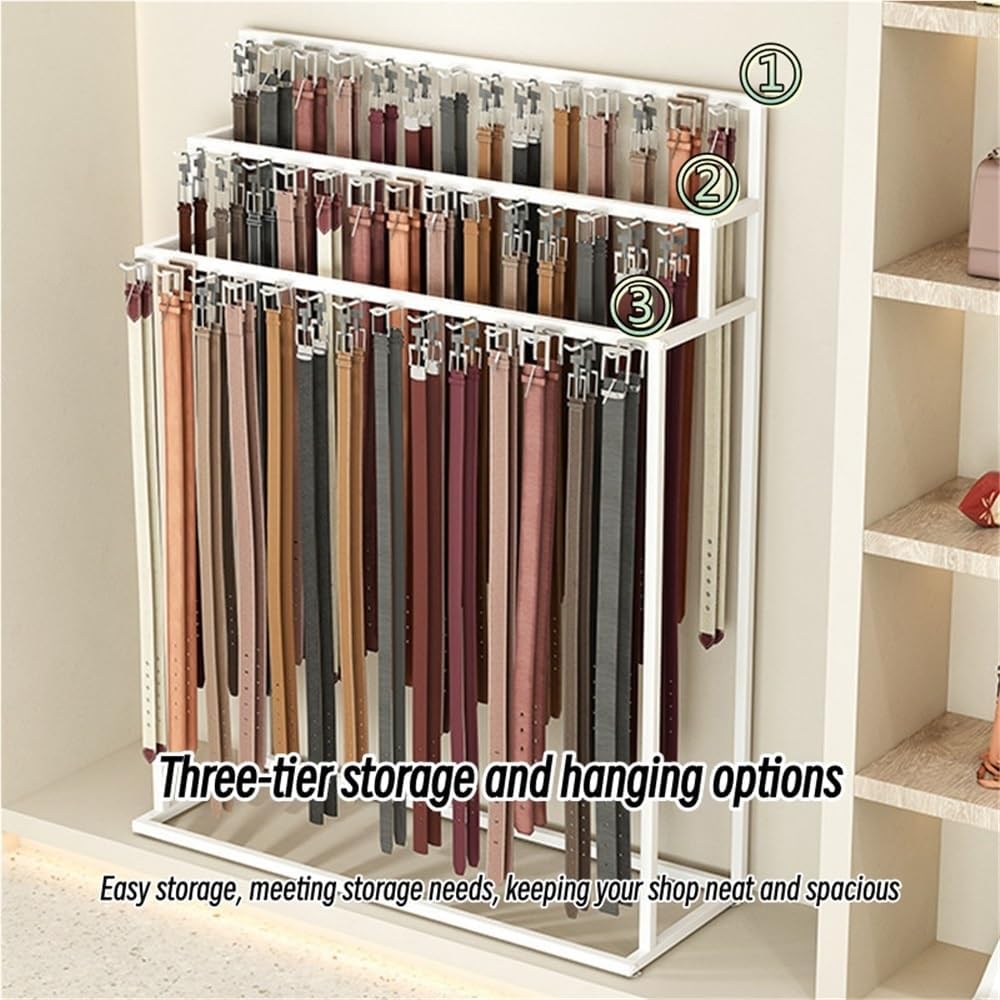 Floor Standing Metal Belt Display, 3 Tiers Multi-Hook Belt Organizer, Commercial Stepped Belt Hanger, Multifunctional Retail Display Racks for Clothing Store or Business(White,100cm/39.4in)
