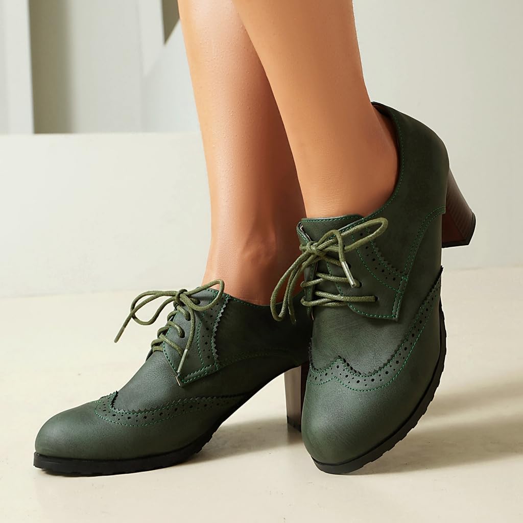 Women's Lace Up Wingtip Oxford Pumps Brogues Perforated Chunky Block High Heel Vintage Dressy Shoes