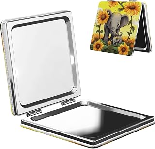 Mother and Baby Elephant Sunflowers Compact Mirror Small Travel Makeup Mirror 2X 1x Magnification Portable Folding Mirror Lightweight Metal Cosmetic Pocket Mirror for Women Gifts