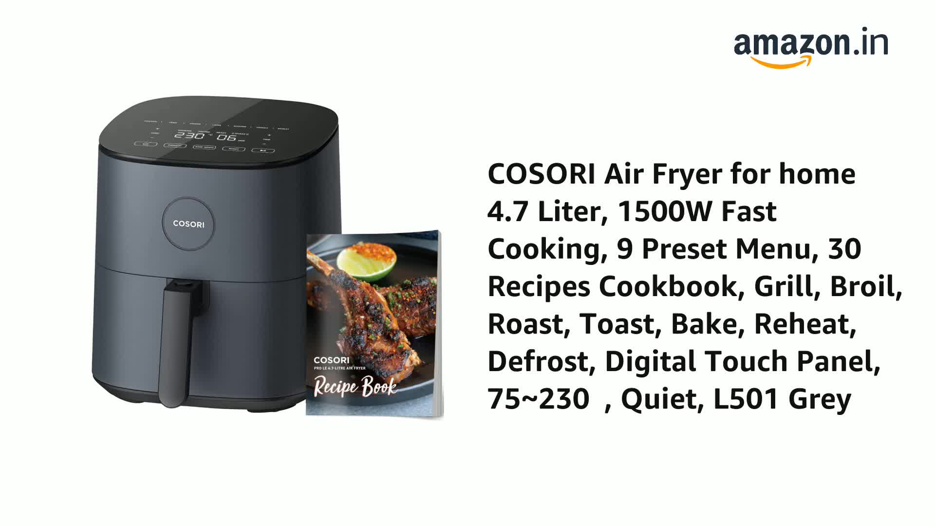 COSORI Air Fryer for home 4.7 Liter, 1500W Fast Cooking, 9 Preset
