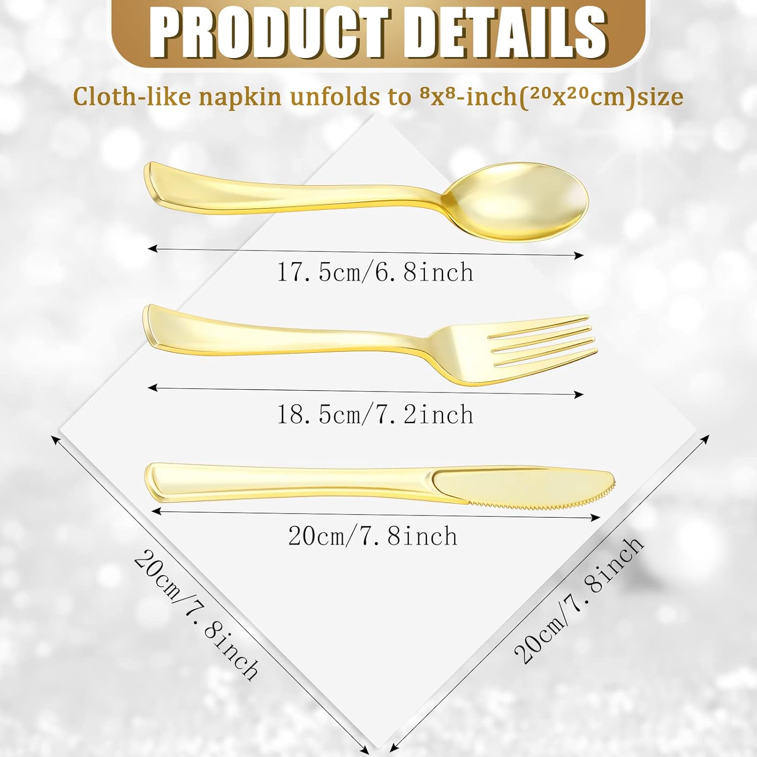 Lasnten 125 Pack Plastic Silverware Pre Rolled Napkins with Cutlery Disposable Cutlery Set Includes 125 Forks, 125 Knives, 125 Spoons, 125 Napkins for Catering Parties Dinners Weddings(Gold)