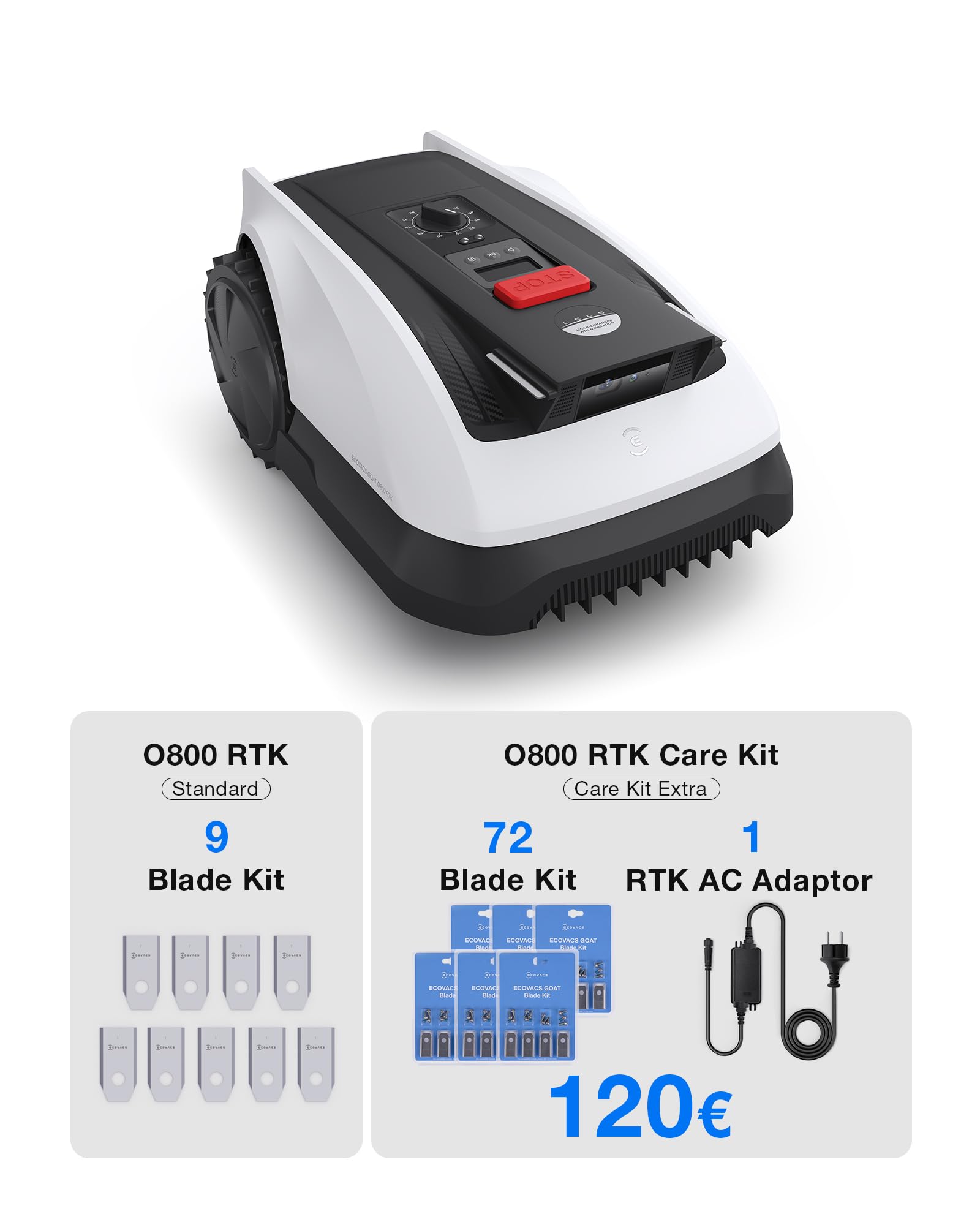 ECOVACS Goat O800 RTK Care Kit, Cortacésped Inalámbrico 800 m², RTK+Visión Lidar, Cartografía Automática, Pasa por Espacios de 0,7 m, Corte Preciso de Bordes, Maneja Pendientes