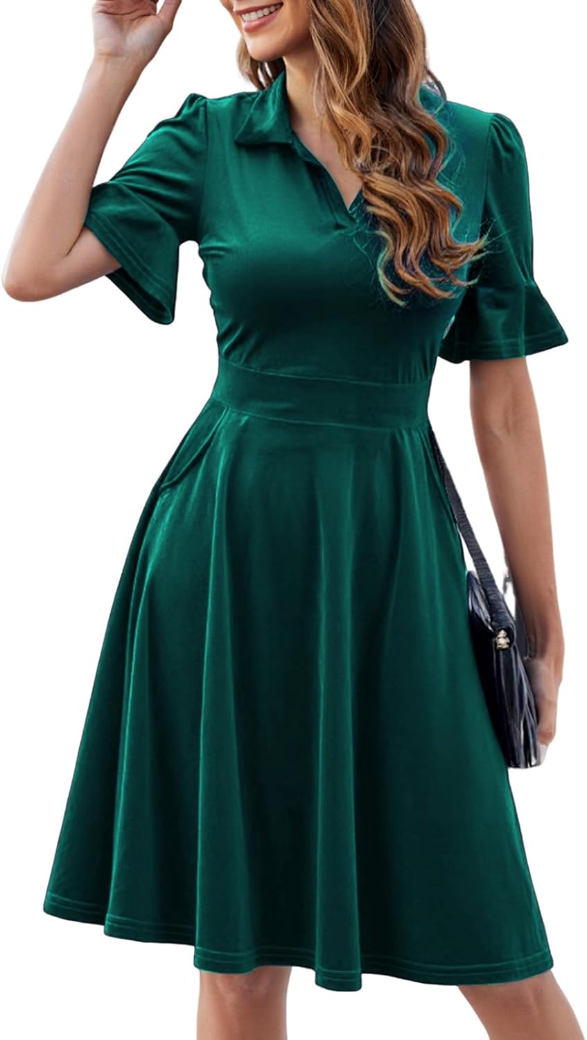Womens Summer Ruffle Sleeve Collared V Neck Fit and Flare Elegant A line Swing Dresses with Pockets - Image 2