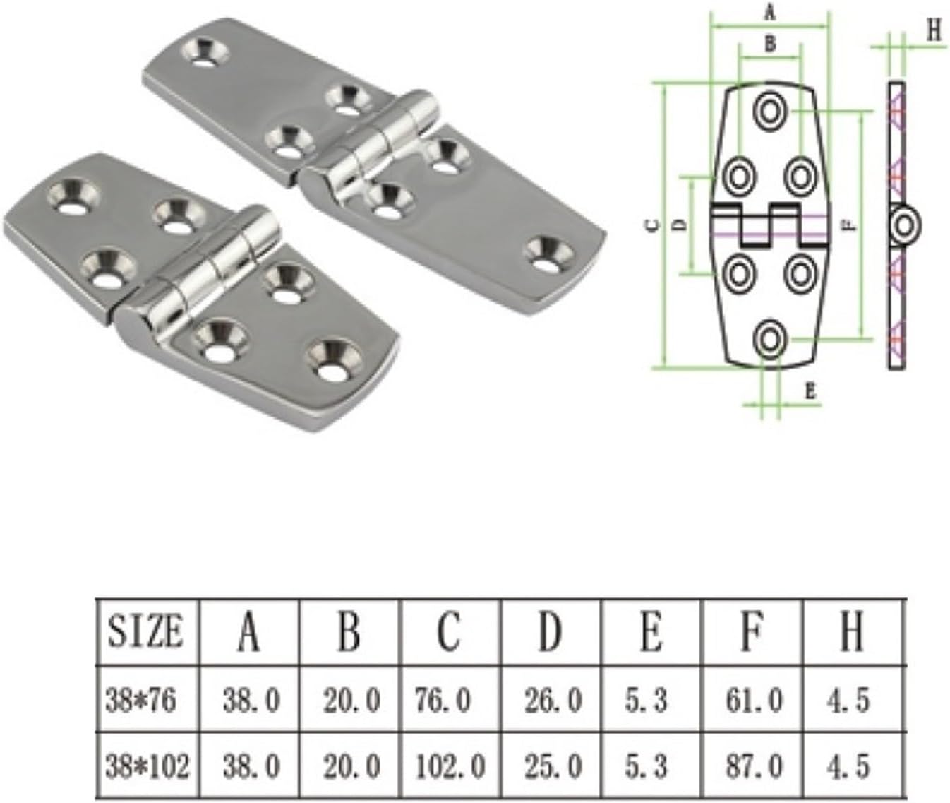 Ball Bearing Door Hinges Heavy Duty Hinges 1pcs Stainless Steel Cast Door Strap Hinge with 6 Holes Mirror Polishing Hardware(38X76mm)