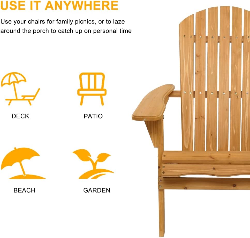 Outvita Wood Adirondack Chair Set of 2, Folding Wooden Lounge Seating, All Weather Outdoor Furniture Chair with Clearance Weather Resistant for Garden Fire Pit Yard Beach Campfire - Teak