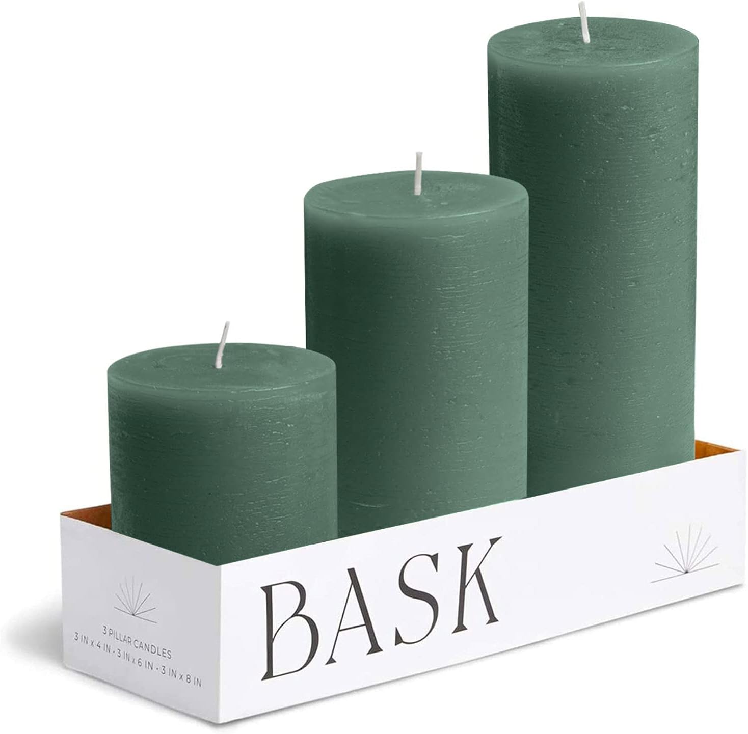 BASK Mottled Pillar Candles Unscented Dark Green Pillar Candles Set of 3 Dripless Large
