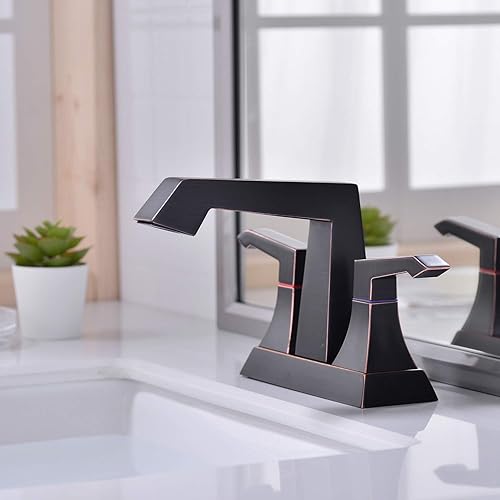 Miniatura 2 de TRUSTMI ORB - Grifo de baño con 2 manijas y 4 pulgadas con montaje de drenaje desplegable con forma cuadrada, bronce aceitado