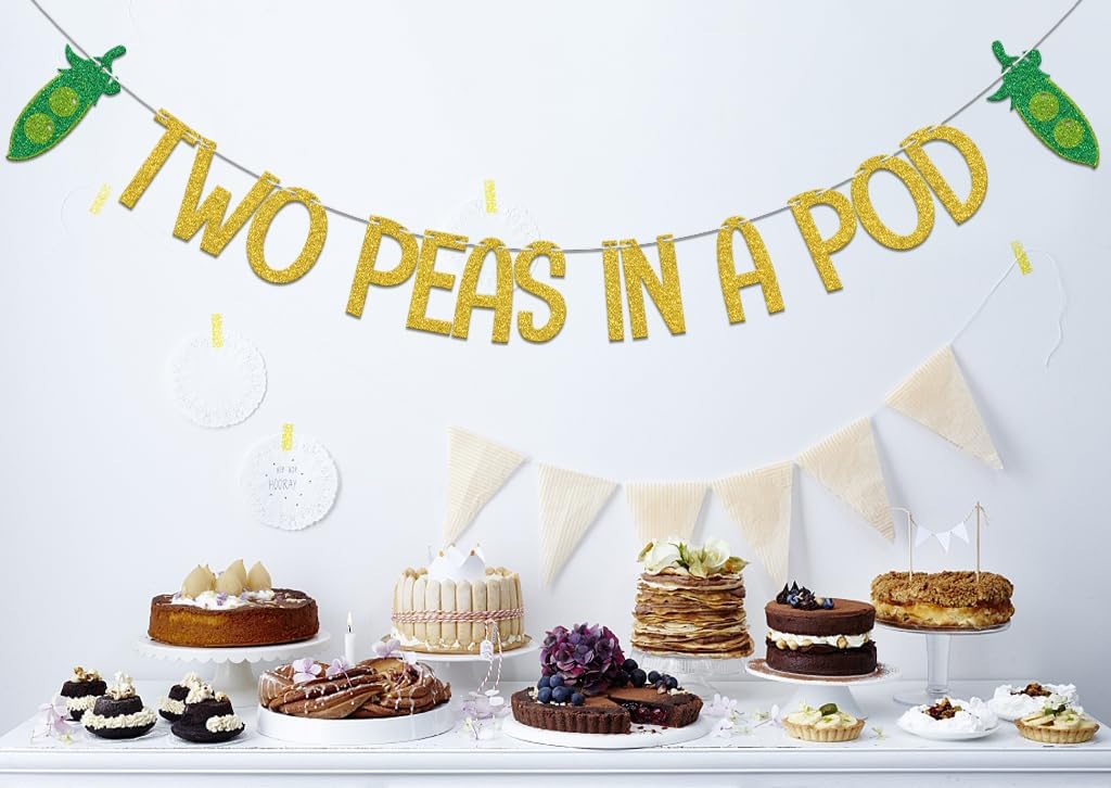 Two Peas In A Pod Banner, Twin Baby Shower Decorations, It's Twins Pea Theme Gender Reveal Decor Sign, Double the Love Twin Birthday Decorations Gold & Green Double-Sided image 3