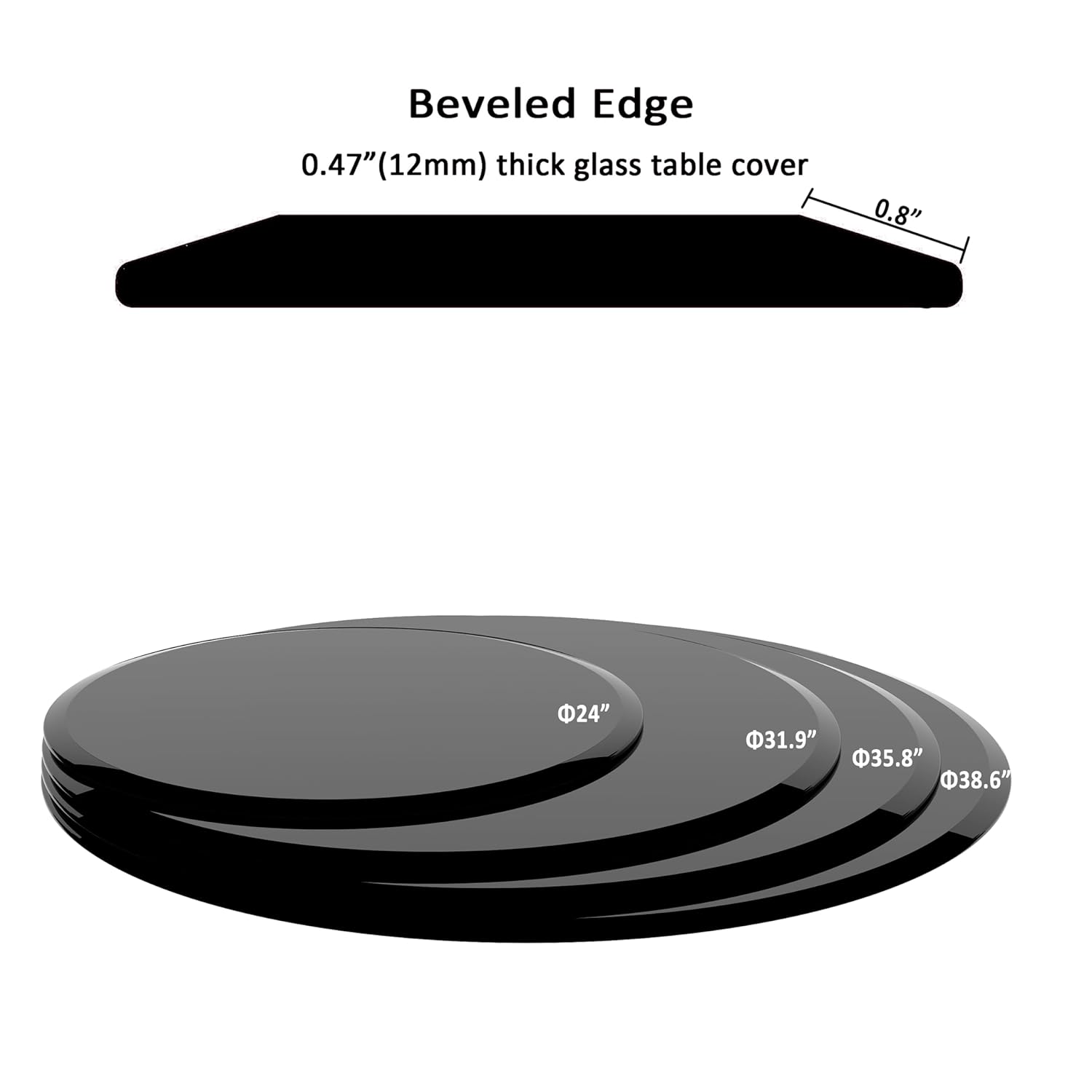 24" Inch Round Tempered Glass Table Top Black Glass 1/2" Inch Thick Beveled Polished Edge