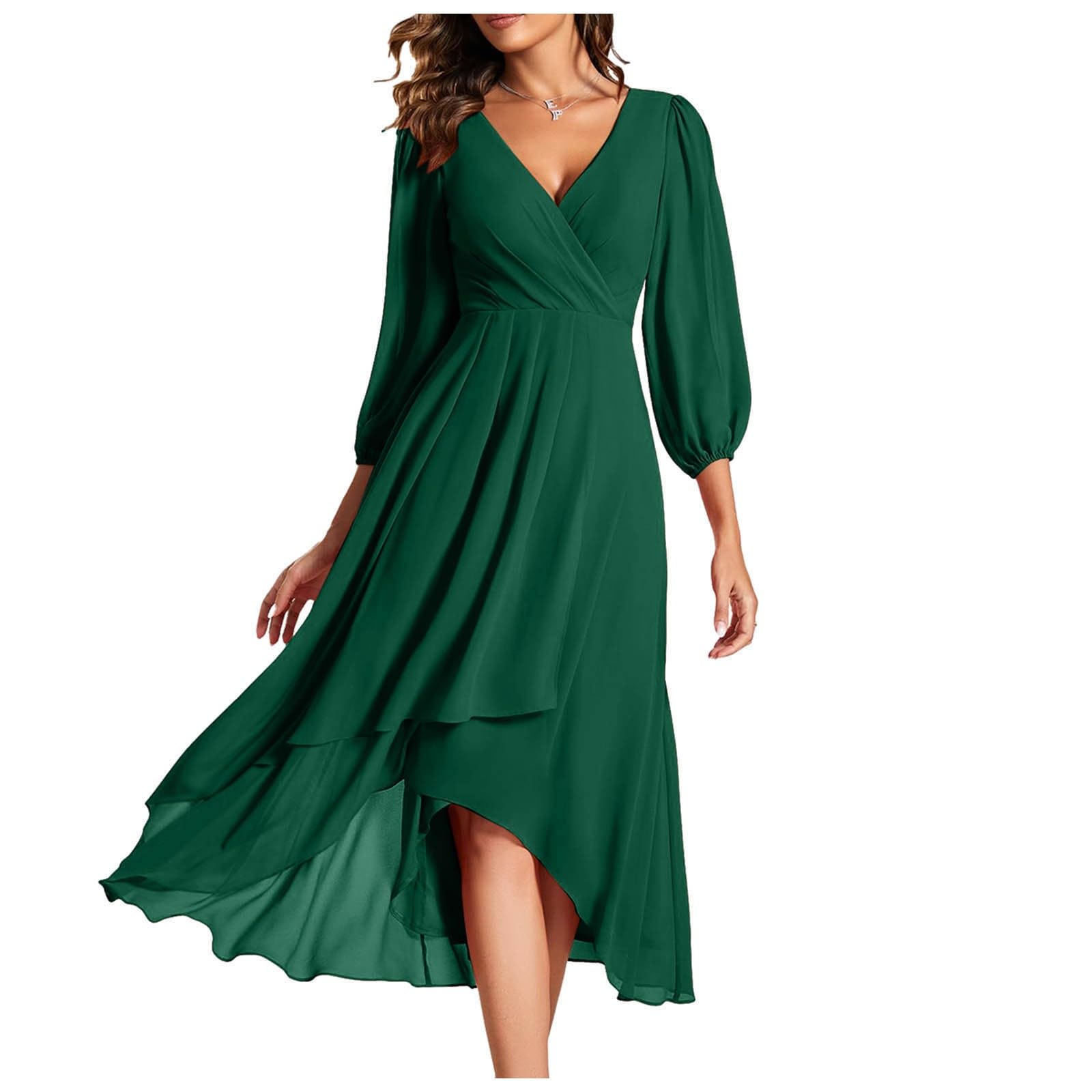 Sommerkleid Damen Damen-Chiffon-Frühlingskleid mit V-Ausschnitt Langen Ärmeln, plissiert, A-Linie, Midi-Länge, für Hochzeitsgäste (Green, L)