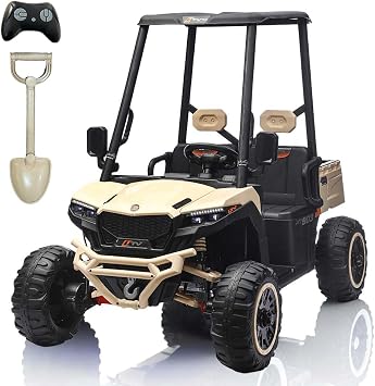 24V Kids Golf Cart, 4WD 2 Seater Ride on Car w/Sun Shade, Storage Trunk & Remote Control, Electric Vehicle w/LED Lights, Realistic Sounds & Wireless Connection, Gift for Boys Girls 3+ Cream Color