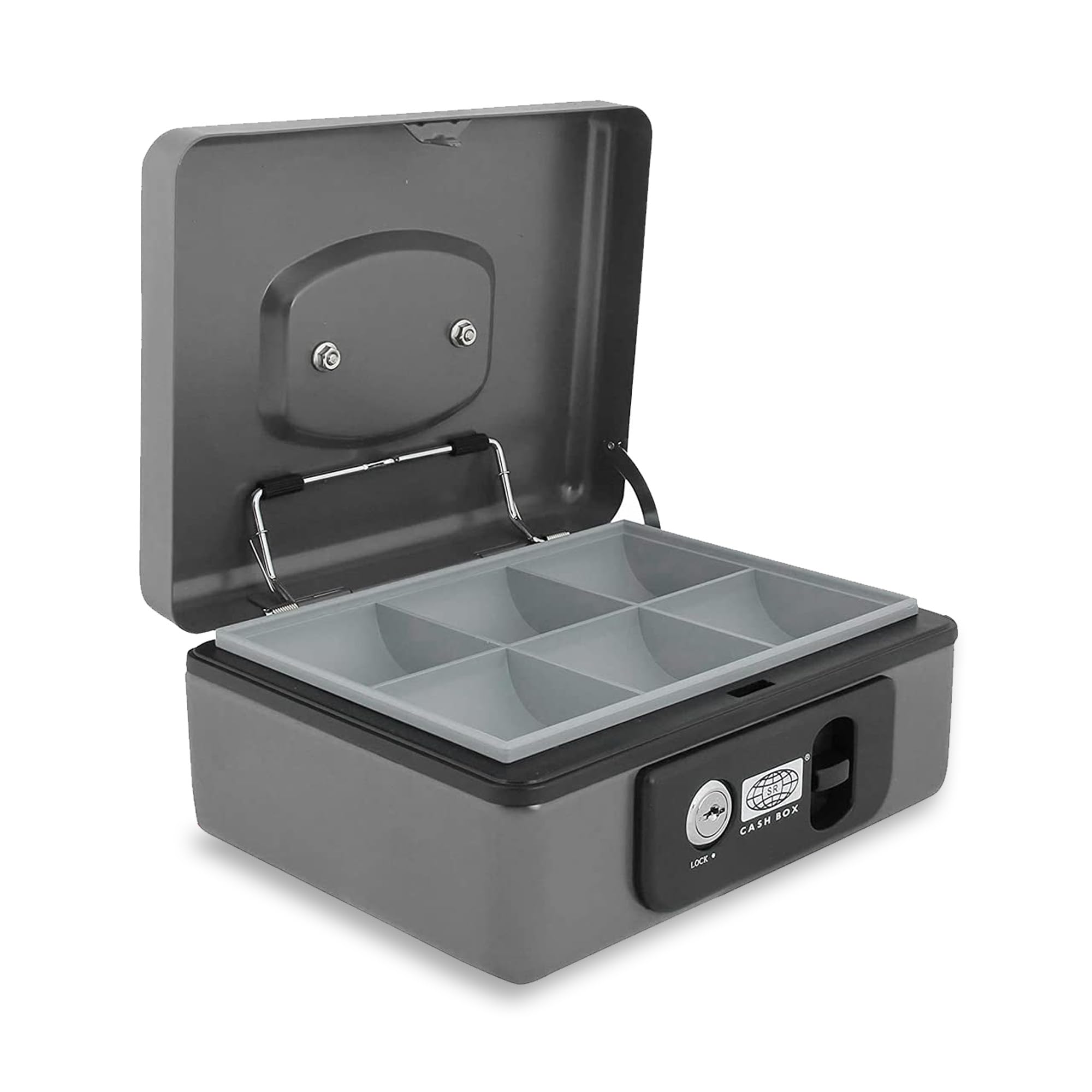 oddpod™ SR Taiwan Imported Metal Cash Box/Safe Locker Box for Jewellery, Money Box for Cash with Plastic Coin Storage Tray (Medium Size) - Dark Grey
