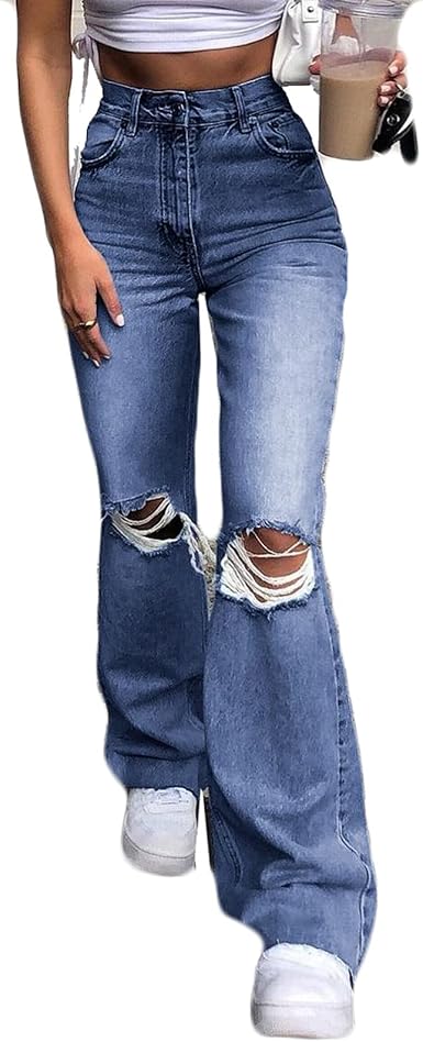Amazon.com: StarW Pantalones vaqueros para mujer rasgados Casual Denim  acampanados anti-decoloración resistencia al desgaste pierna ancha  pantalones de mezclilla para uso salvaje, Azul marino/flor y brillo, S :  Ropa, Zapatos y Joyería