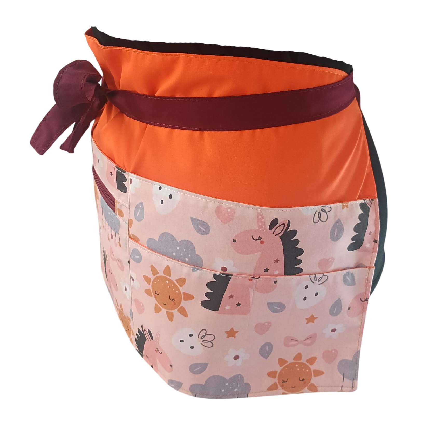 Genérico Galba® Delantal de Cintura para Maestra Unicornios Rosas | 7 Bolsillos + Cremallera | Cintas 87cm | 66x27cm | Algodón Lavable | Talla Única + Regalo incluido