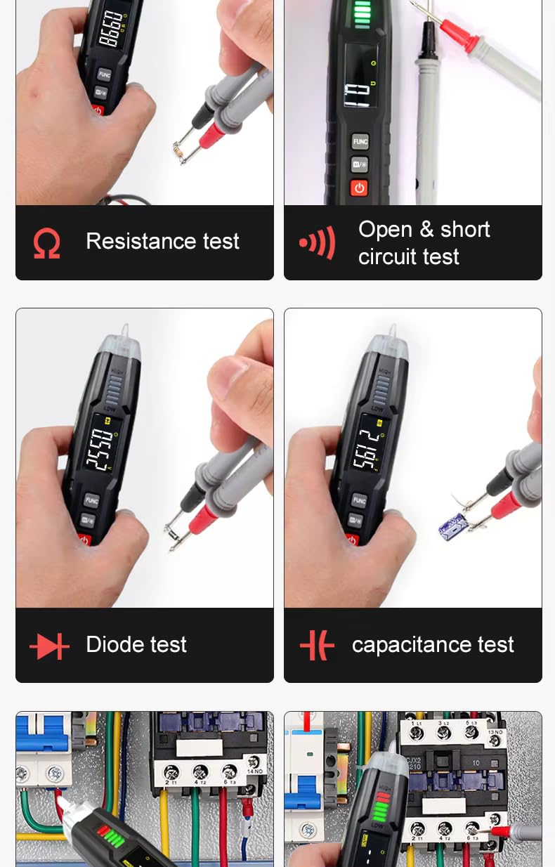 Images demonstrating resistance test, open & short circuit test, diode test, and capacitance test using the multimeter.