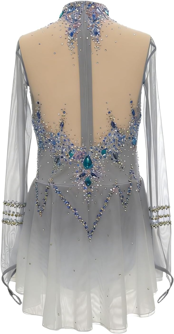 Ice Figure Skating Dress for Women Long Sleeved Handmade Rhinestone Ice Practice Wear for Holiday Show