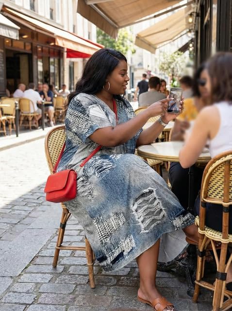 Womens Plus Size Denim-Print Fashion Maxi Dresses Casual Soft Tshirt Dress - Image 3