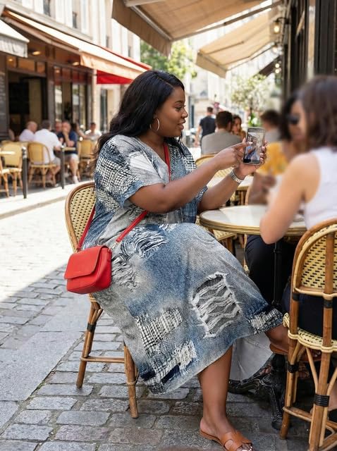 Image of SUZONANA Plus Size Denim Print Maxi Dresses for Women Casual V Neck Short Sleeve with Pockets Soft Jean Look Dress XL-6XL