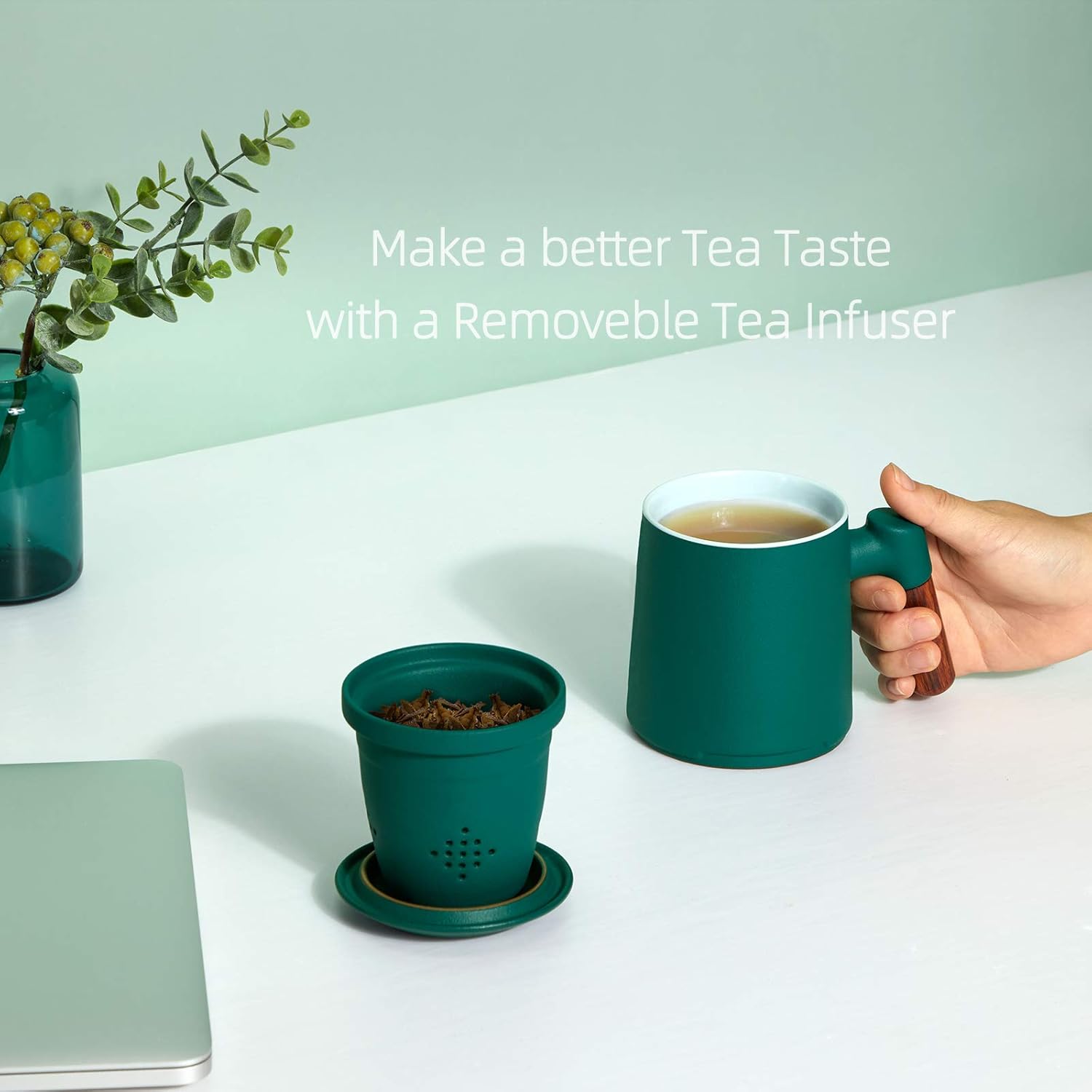 ZENS Tea Cup with Infuser and Lid, 13.5 Ounces Gradient Embossed Loose Tea Mug, Rosewood Handle Ceramic Tea Steeping Mug for Gifts, Black & White*1 and Dark Green*1